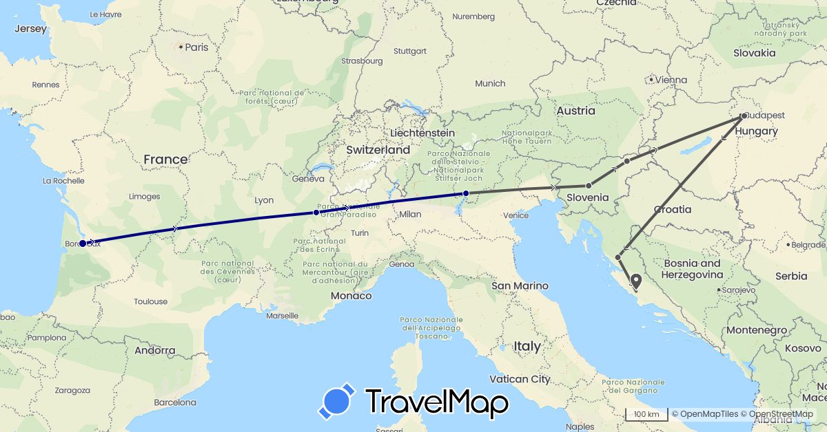 TravelMap itinerary: driving, motorbike in France, Croatia, Hungary, Italy, Slovenia (Europe)